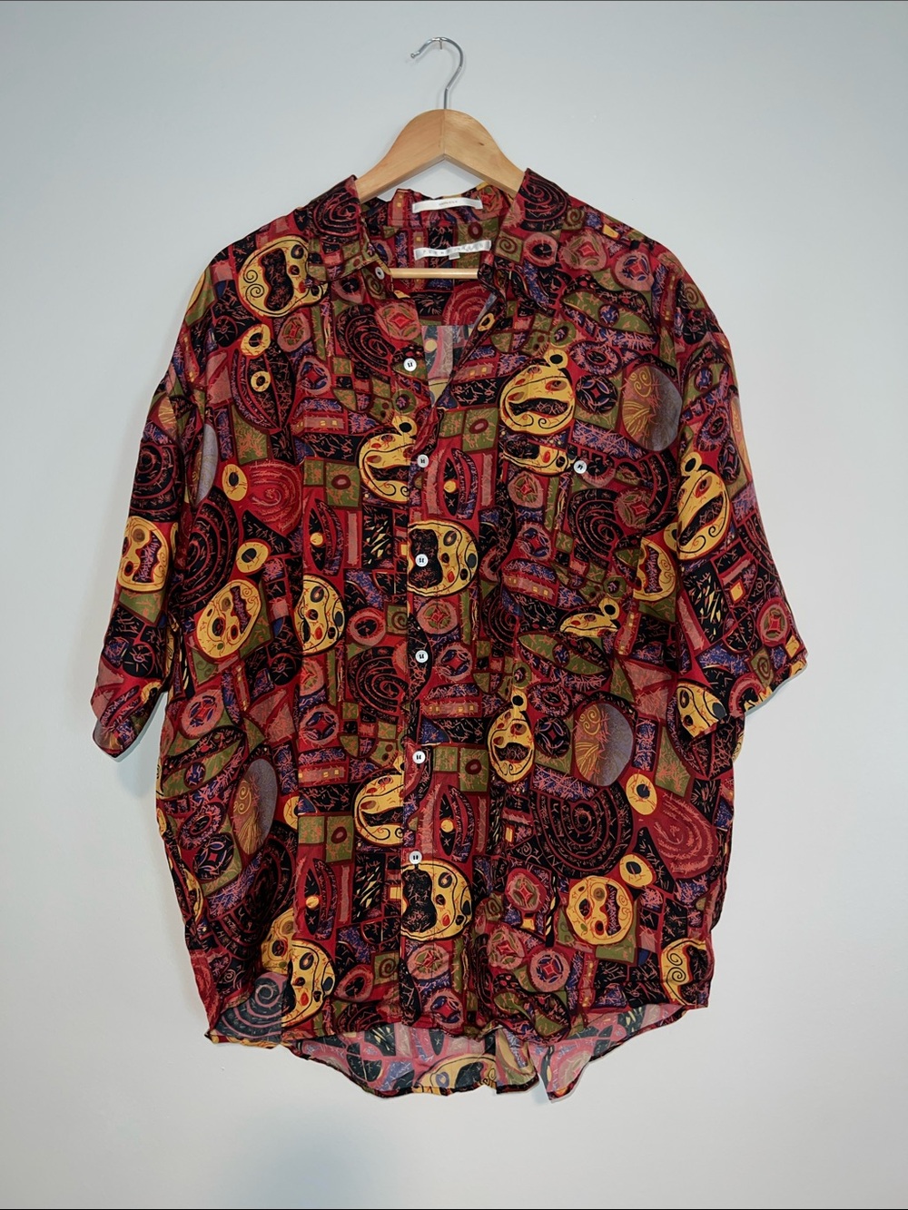 100% Silk Perry Ellis Men's Short Sleeve Button-Up Shirt in Red Multi XL